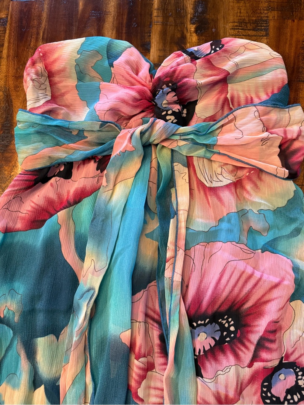 Spring/Summer women's strapless bandeau maxi dress. blue/pink floral flowy lined - Picture 3 of 10